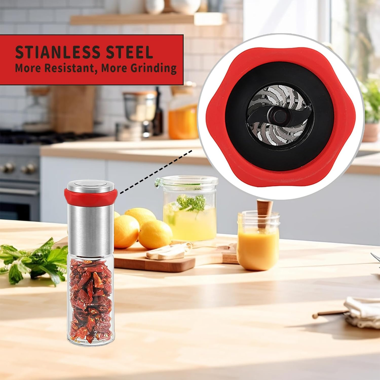 Chilli Grinder Mill, Smavles 170ML Chili Mill Stainless Steel & Glass,Chilli Cutter for Dry Chillies image number 3