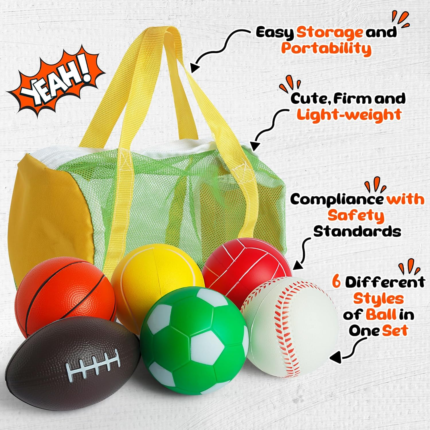 Mini Sports Balls Set for Toddler 1-3, First Sports Bag for Kids, Include 1 Each of 3.5" Foam Soccer, Tennis Ball, Basketball, Football, Baseball, Volleyball, Fun Baby Ball Toys, Set of 6