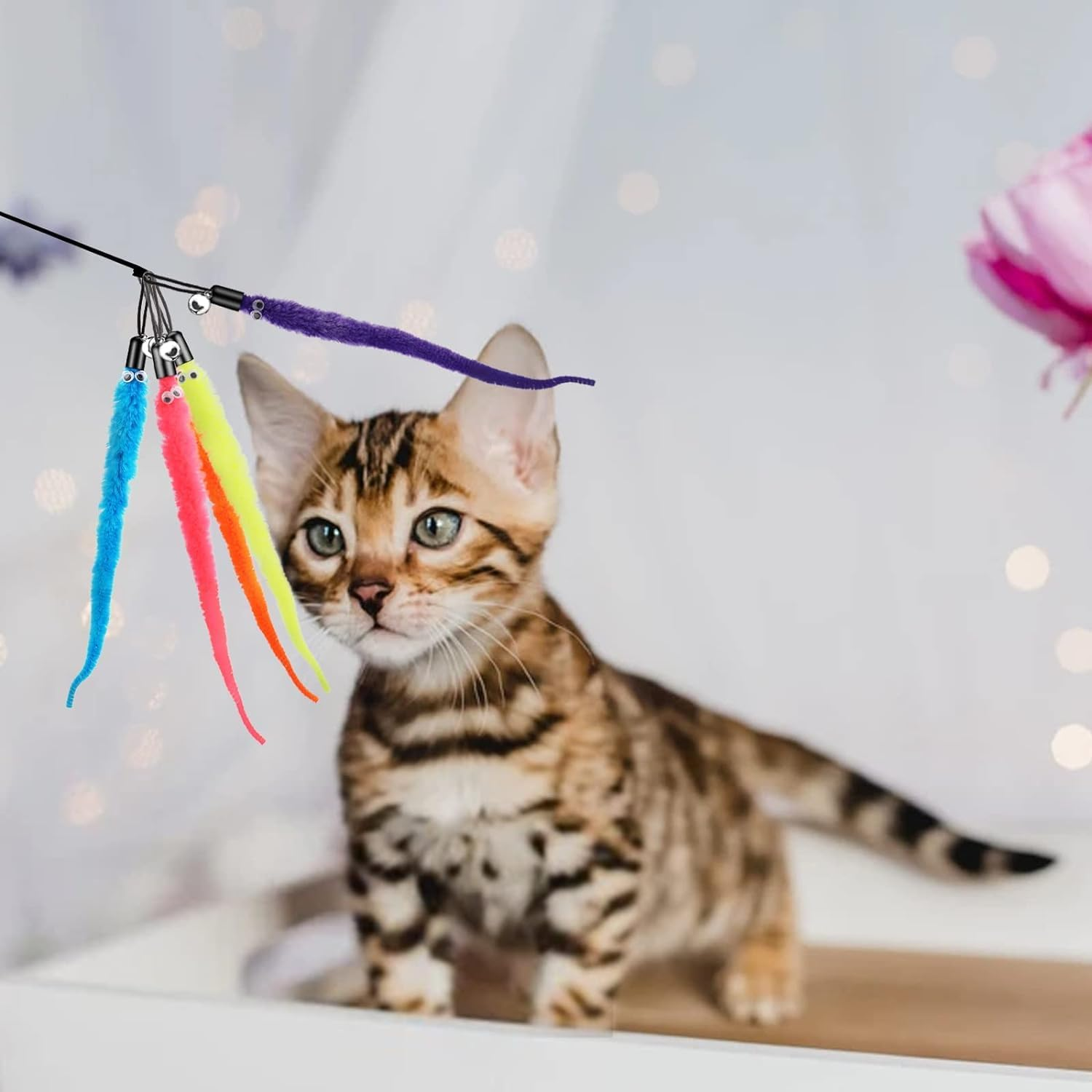 Interactive Cat Wand Toy with 15Pcs Worm Refills - Feather Toy Replacement for Retractable Wands image number 4