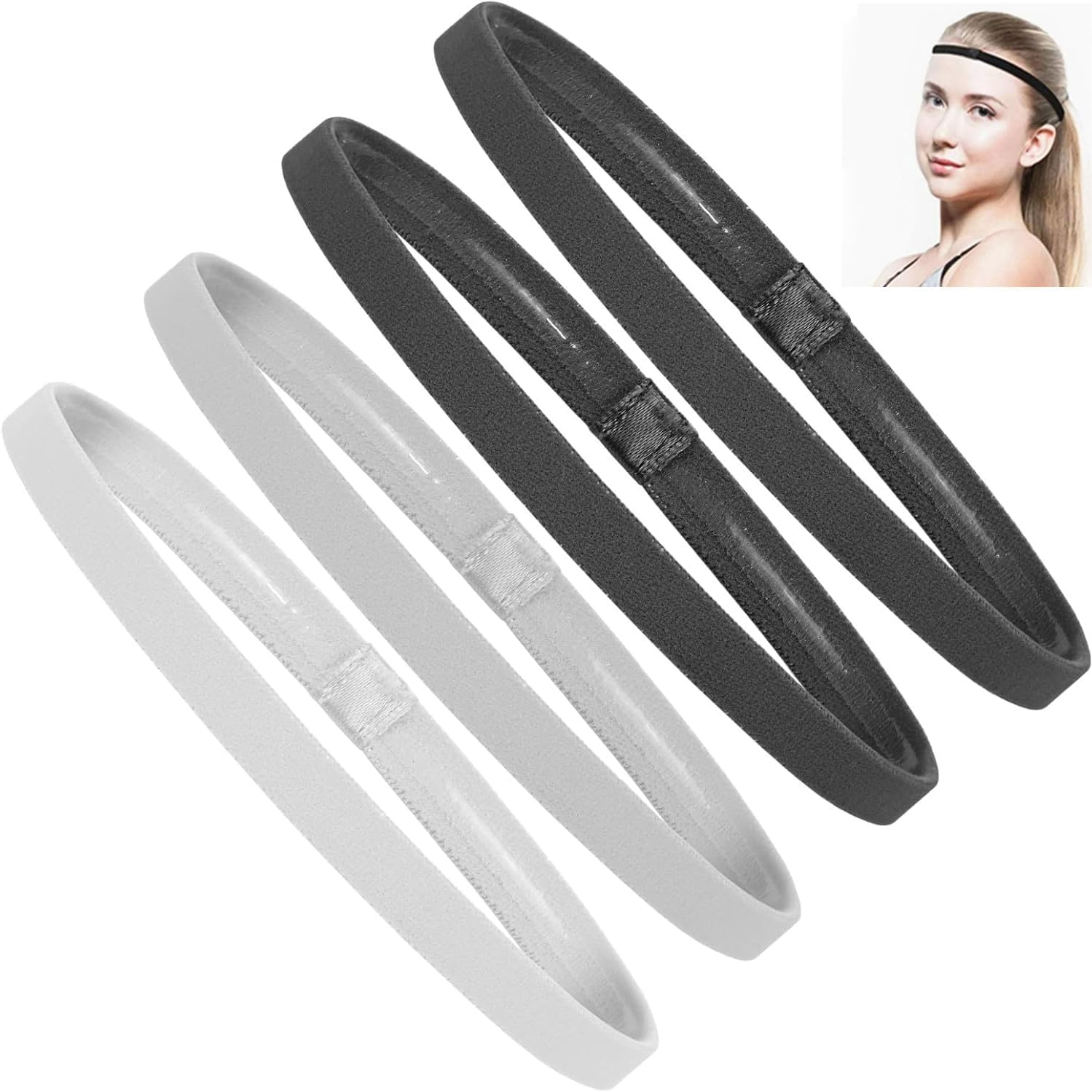 4 Pcs Elastic Thin Headbands for Women Thin Non-Slip Elastic Sport Headbands Skinny Headbands Workout Grip for Men Women Football Basketball Soccer Tennis Yoga image number 5
