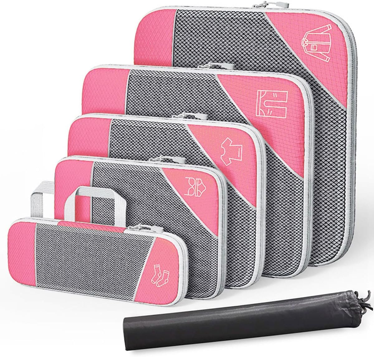 AIMALL 6-Pack Travel Storage Bags for Luggage Organizer, Compression Packing Cubes with Handles, Waterproof Nylon Mesh Laundry Bags for Travel Accessories