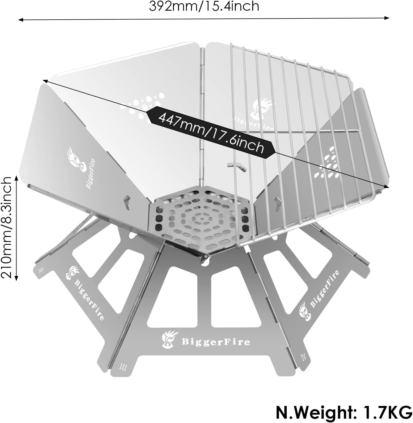 Biggerfire Stainless Steel Foldable Fire Pit with Charcoal Grill Small Size Wood Burning Grill,Portable with Carrying Bag for Patio Yard Outdoor Barbecue Camping Bonfire Lightweight 1.7Kg image number 4