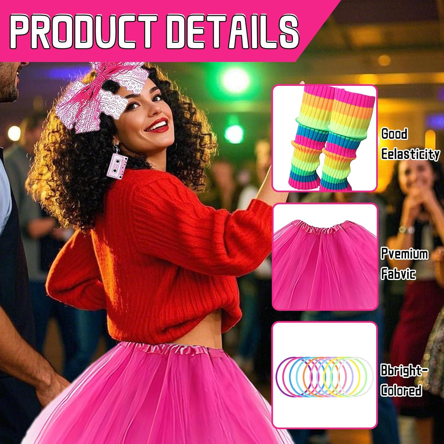 21PCS 80S Girl'S Clothing and Accessory Set, T - Shirt Printed with Elements, 80S Party Accessories Including Pink Bead Chain, Lace Headband, Bracelets, Retro Sunglasses, Etc. 1980S Themed Party image number 4