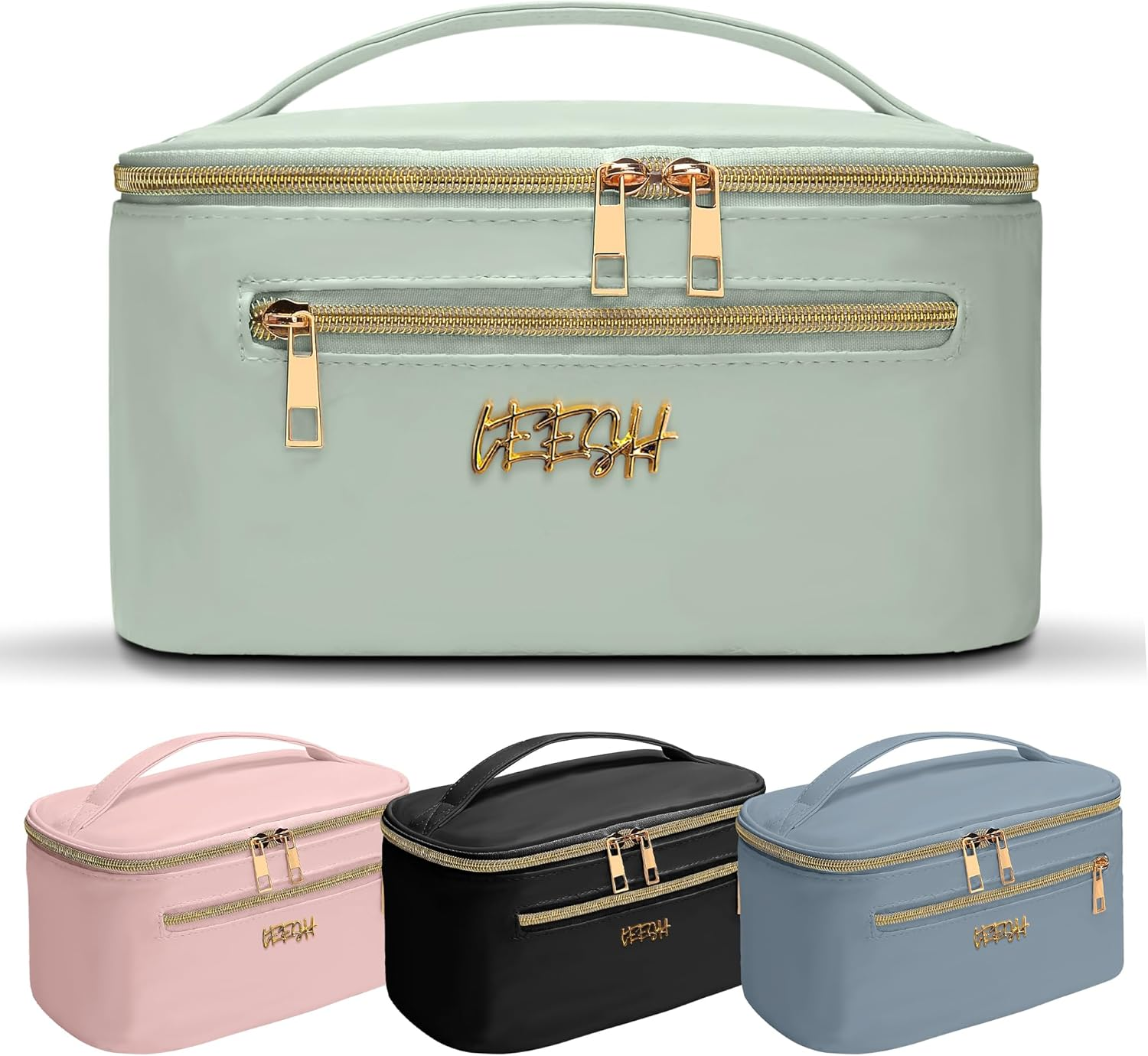 Leesh & CO Makeup Bag - Large Travel Cosmetic Organizer with Brush Holders for Women - Eco-Friendly Vegan Leather, Waterproof & Durable Cosmetics Bag - Perfect for Toiletries, Beauty Products (Green)