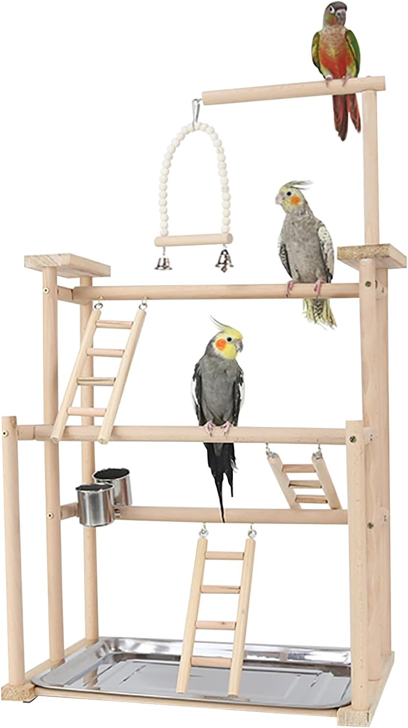 Beaufairy Bird Playground Parrot Play Stand, Parrot Playstand Wood Play Gym, with Swing Climb Natural Wood Playpen Ladder and Tray, for Parakeets, Cockatiels, Bird Cage Accessories, 46*31*70CM, F557