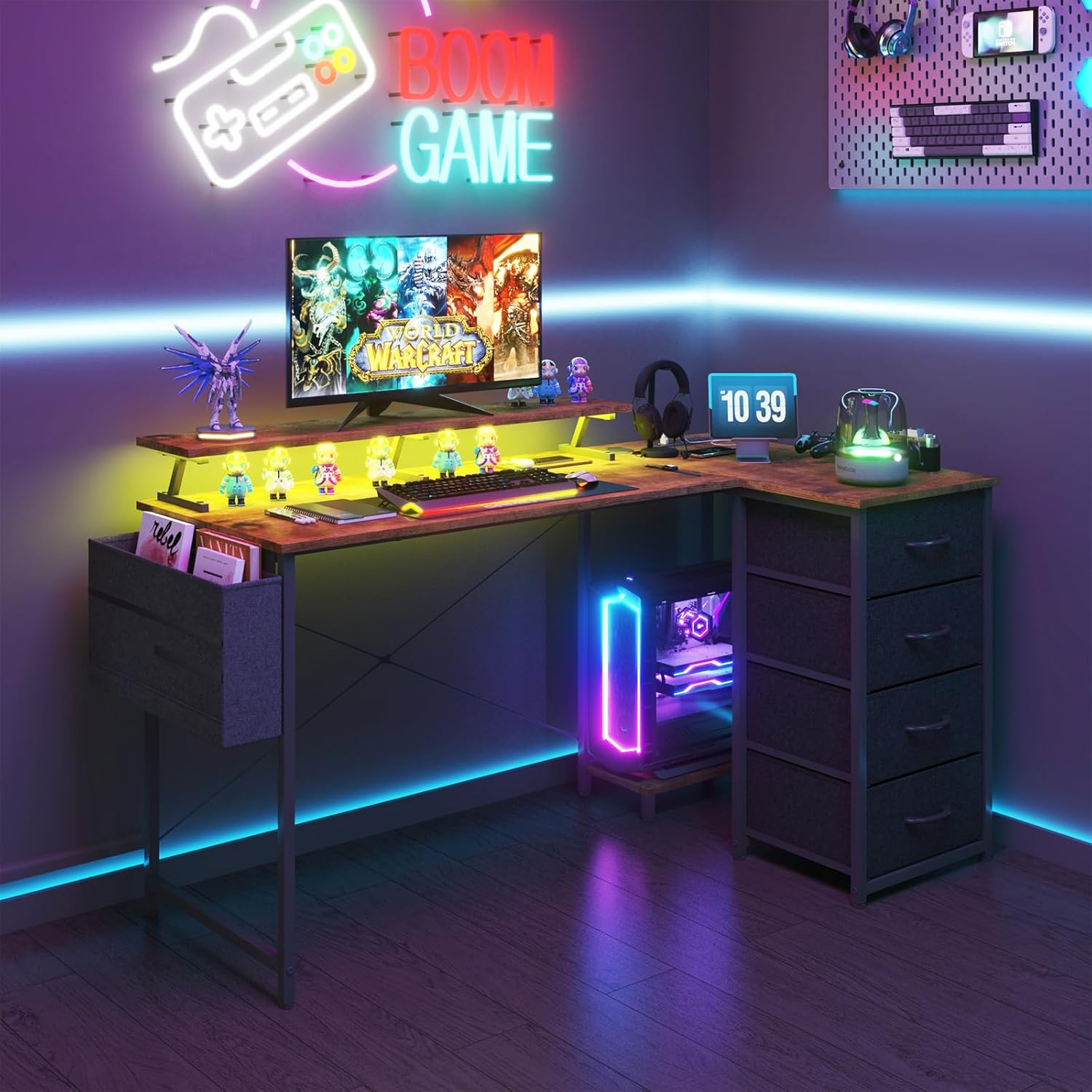 Advwin L Shaped Gaming Desk 140Cm Convertible Computer Desk with Monitor Stand Corner Desk Gaming Table with Drawers Black