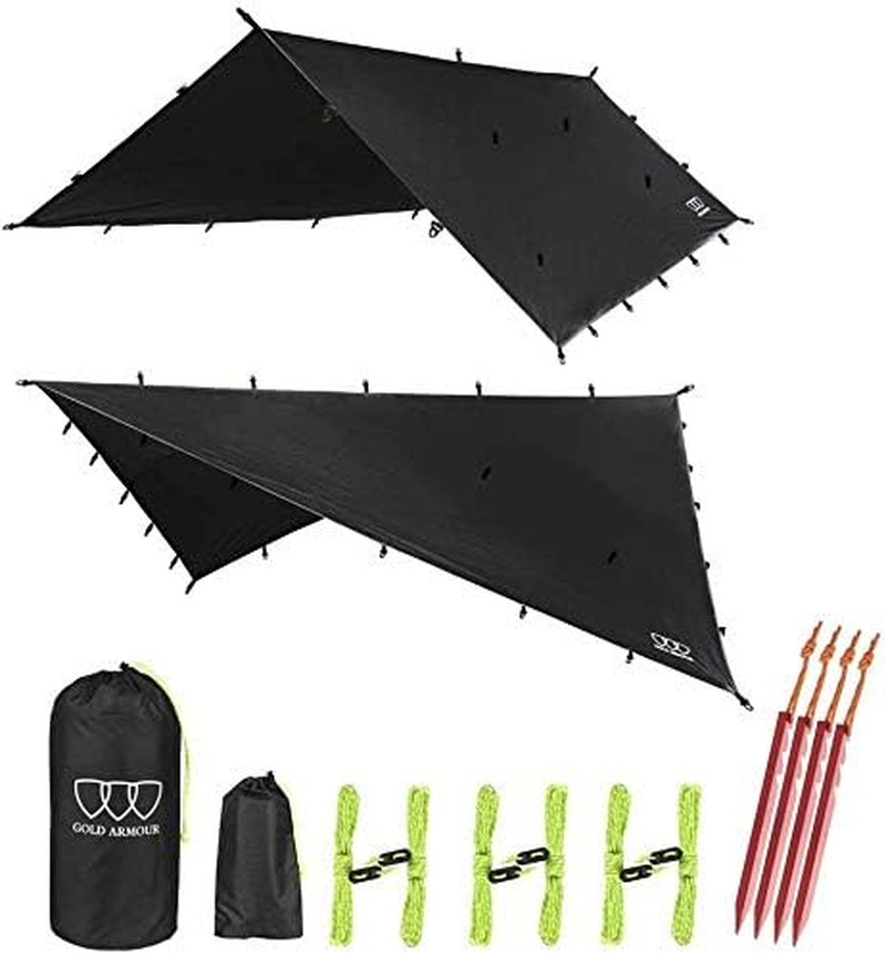 Gold Armour 12Ft Extra Large Tarp Hammock Waterproof Rain Fly Tarp 185In Centerline - Lightweight Ripstop Fabric - Stakes Included - Survival Gear Backpacking Camping Accessories (Black)