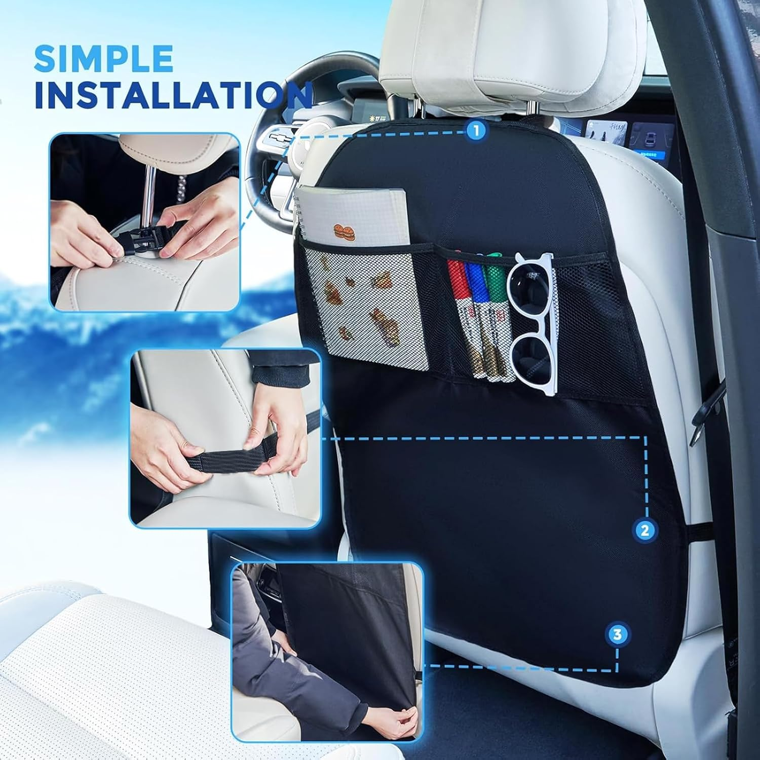 Kick Mats Back Seat Protector Cover for Kids-3 Pocket Storage Car Organiser, 2 Pack Car Seat Protector Backseat Cover Waterproof Sag Proof with 3 Storage Pockets, Keep Seat Back Clean and Neat image number 2