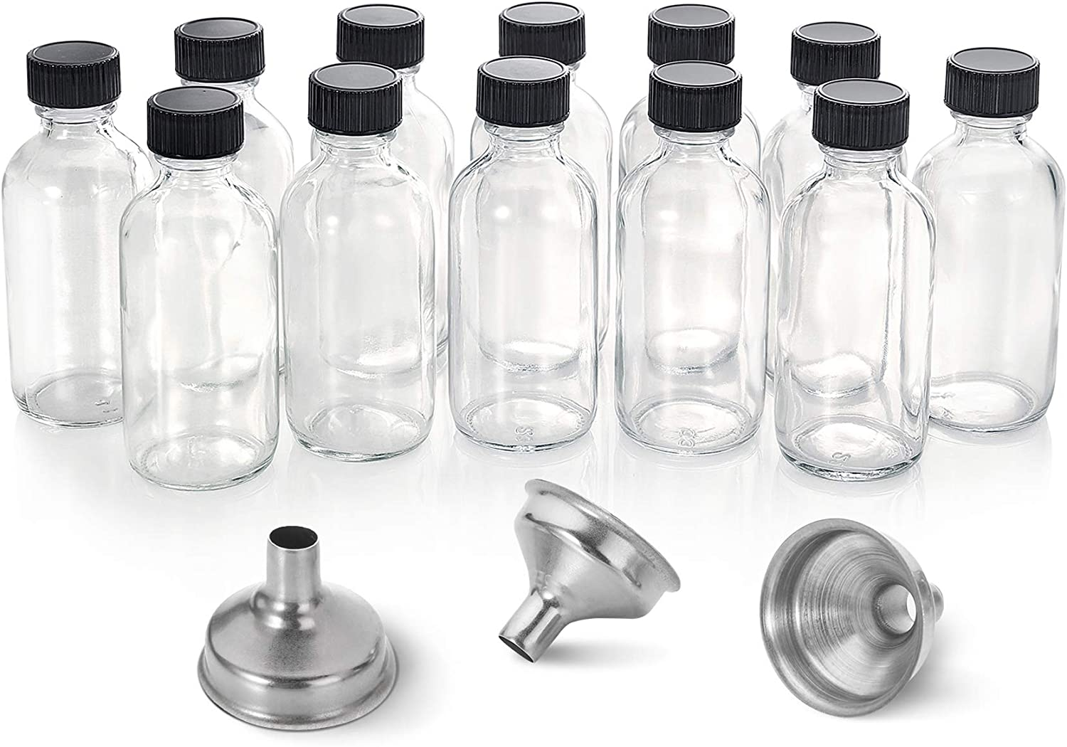12 Pack, 2 Oz Small Clear Glass Bottles W/Lid & 3 Stainless Steel Funnels - 60Ml Boston Sample Bottles - Mini Travel Essential or Decorative Bottles for Potion, Juice, Wellness, Ginger Shots, Whiskey image number 4