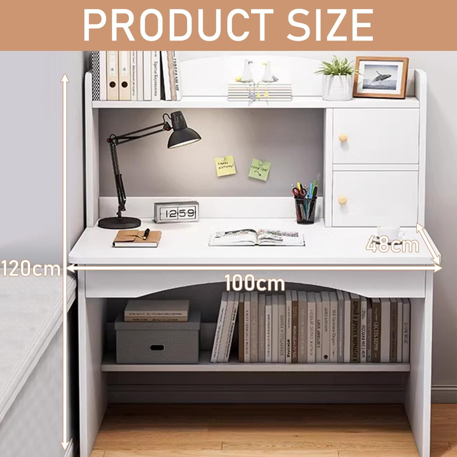 Uandhome Computer Desk, Large Standing Desk, Easy-To-Assemble Study Desk for Home, Bedroom, Office Durable Wood Table,Storage Shelves Ideal for Gaming Working and Learning(100X48X120Cm) (White) image number 1