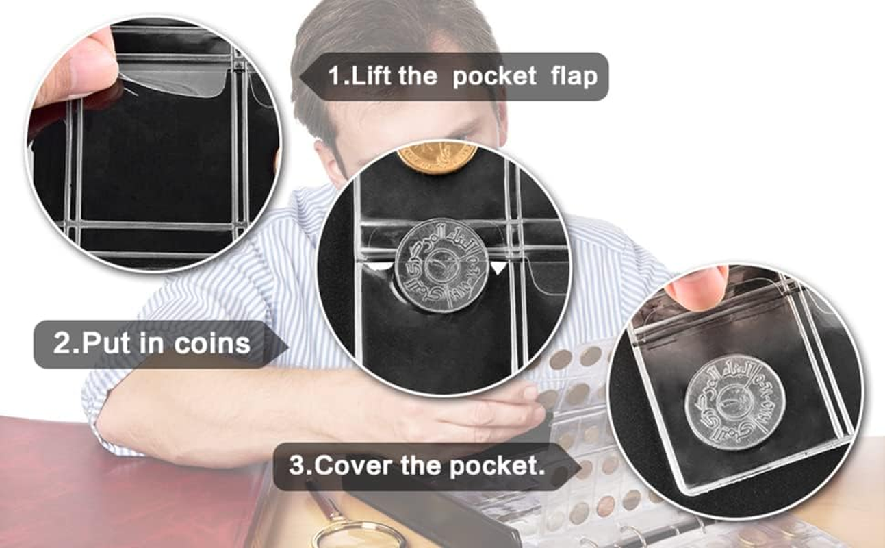 15 Sheets 4.3X4.3Cm Coin Collection Pages, Coins Pocket Page with 300 Pockets, Coin Binder Inserts Sleeves with Standard 9 Hole for Coin Album image number 2
