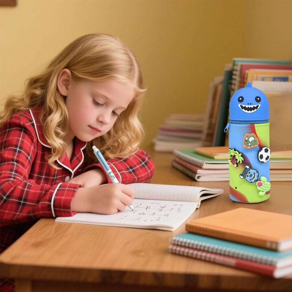 KDFSSIPE 2-In-1 Soft Silicone Case Kawaii Pencil Case and 5 Pieces Erasable Retractable Pens, Pencil Case, Stand up Pencil Case, Animal Pen Holder, Pencil Bag Girls Boys (Shark) image number 1