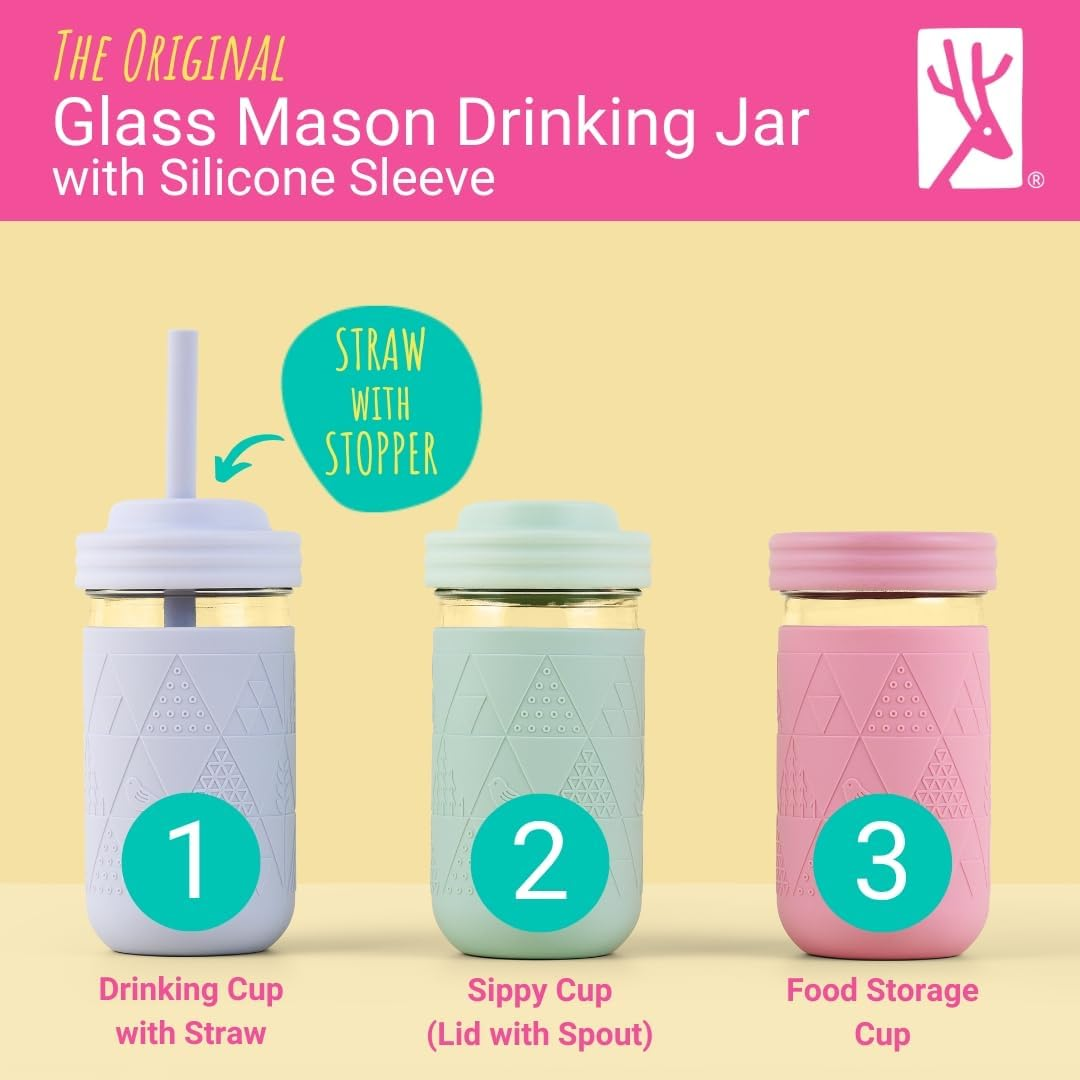 Elk and Friends 12Oz Glass Kids + Toddler Drinking Cups | the Original Mason Jars with Lids + Sleeves + Straws | Smoothie Cups | Spill Resistant | Dishwasher Safe | 4 Pack - Blush/Lilac/Peach/Lemon image number 2