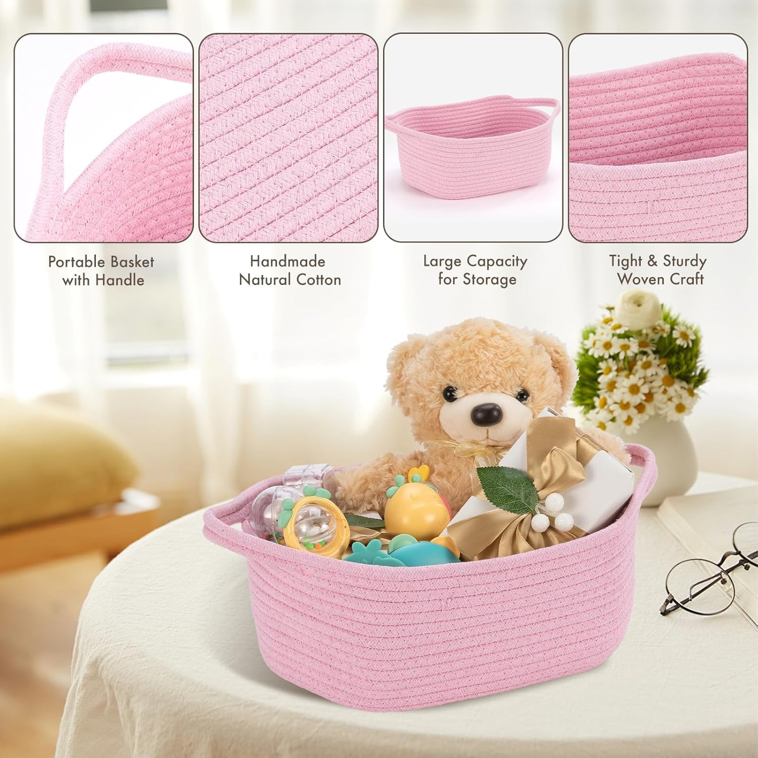 Basket with Gift Bag and Ribbon, Decorative Gift Basket with Handle for Baby Shower Nursery Gifts, Empty Storage Gift Box (Pink)