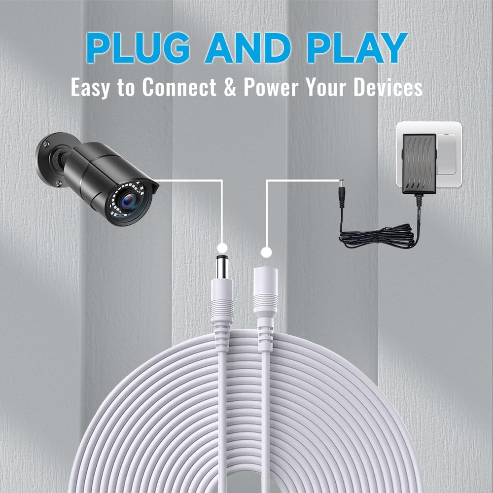 2 Pack Power Extension Cable,2Pcs DC 12V Power Adapter Extension Cord, 10M 33Ft 2.1Mm X 5.5Mm, Compatible with 12V DC Adapter Power Supply or Wall Charger for CCTV Security Camera IP Camera(White) image number 4