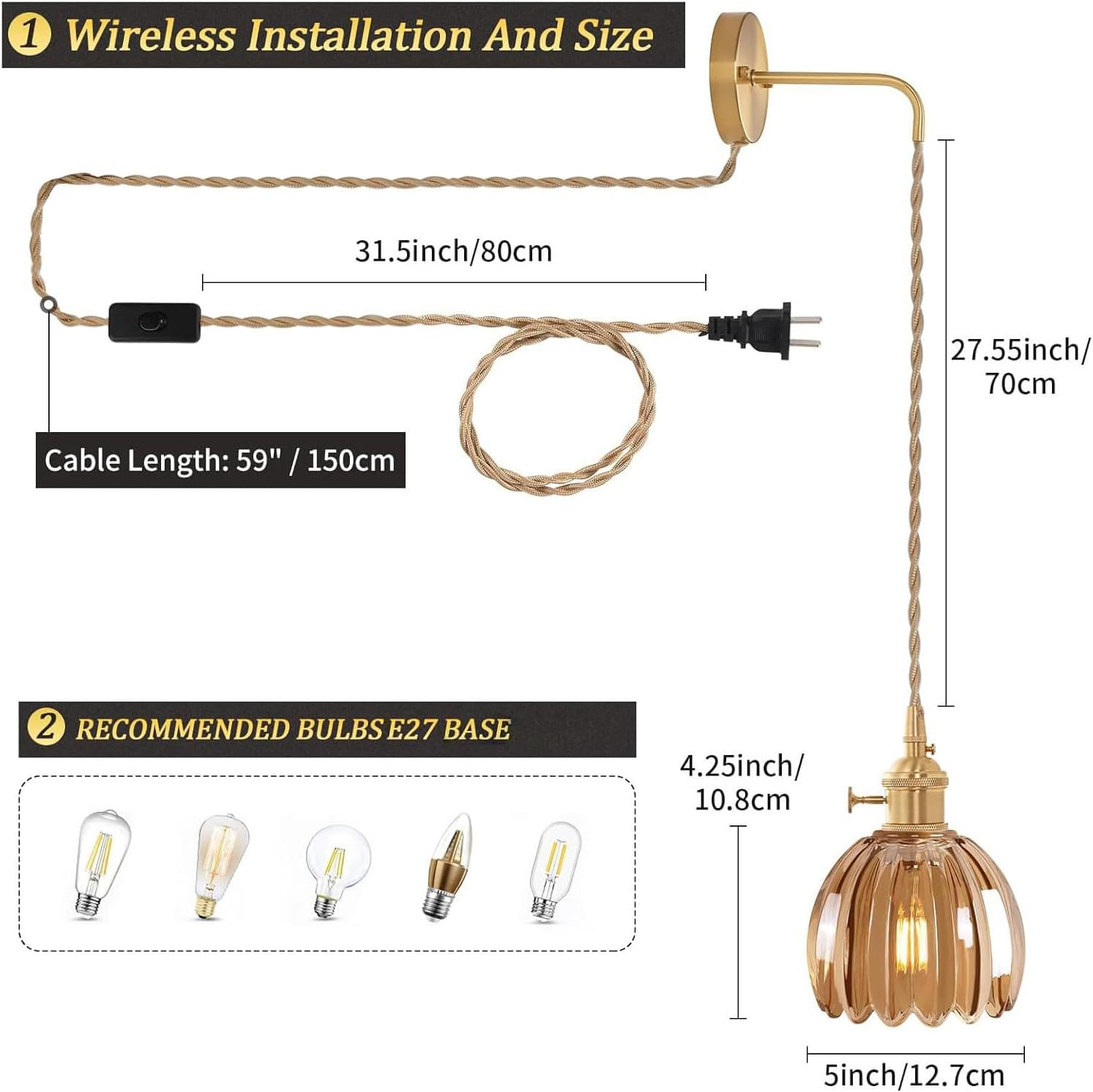 Wall Light Plug in Vintage E27 Wall Lamps with Plug in Cord Lights with Switch Indoor Wall Sconces with Tulip Glass Lampshade for Living Room Bedroom Hallway Stairs (Bronze,A) XXZ image number 5