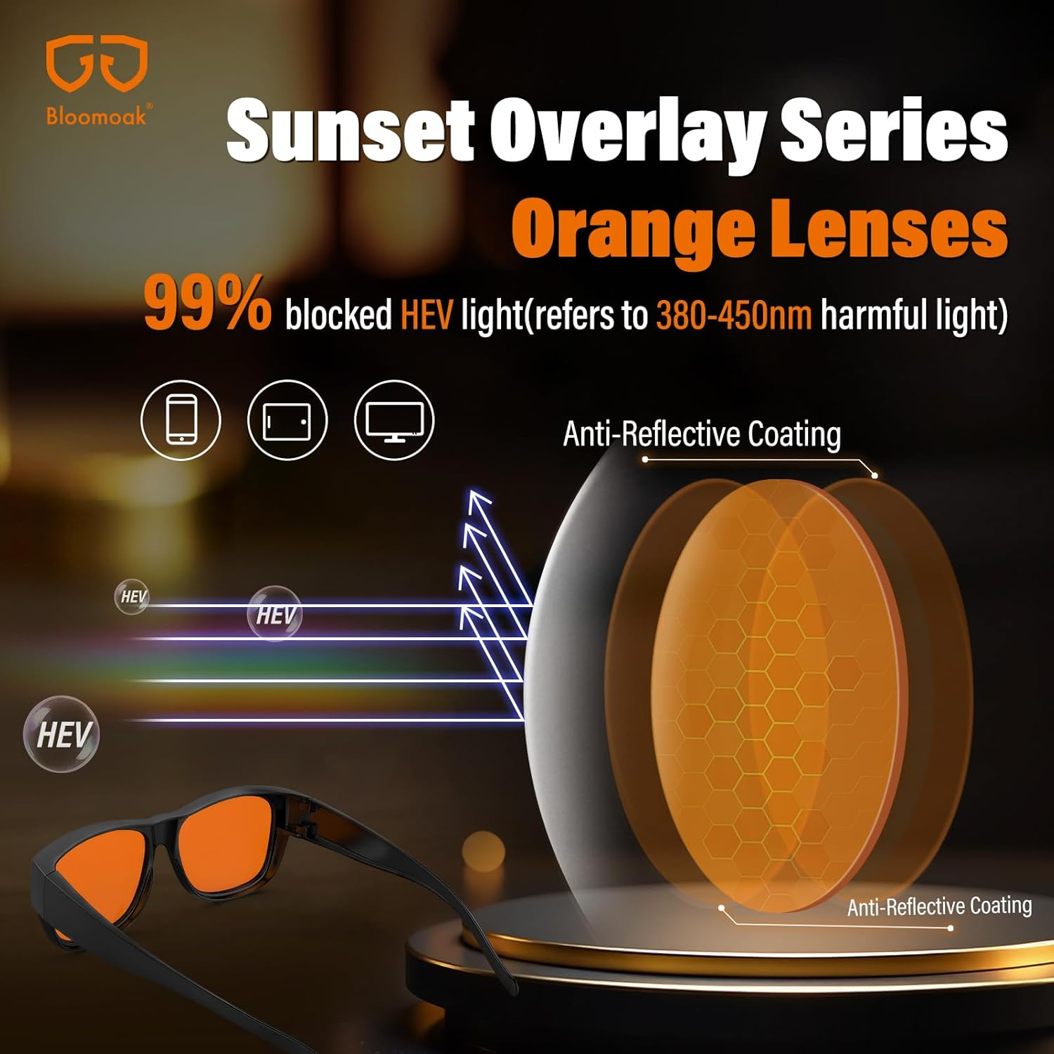 Bloomoak 99% Blue Light Blocking Fit over Glasses-Amber Nighttime Eyewear-Fit over  & Reading Glasses, anti Glare for Better Sleep, Screens image number 6