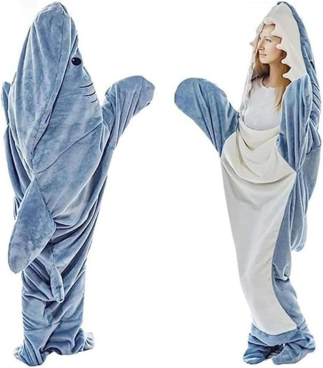 Blue Shark Hooded Blanket Hoodie for Adult Kids, Cozy Soft Flannel Fleece Jumpsuit Costume, Shark Onesie, Wearable Blanket, Animal Blanket with Feet (Blue Shark, M)