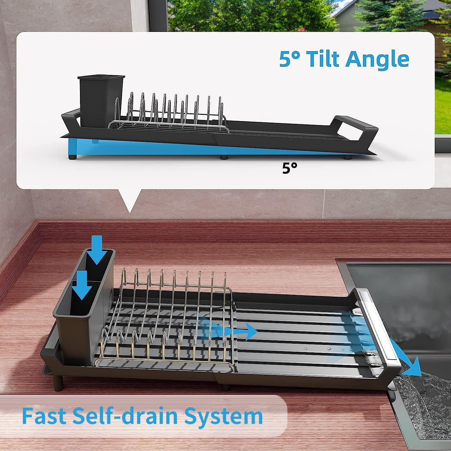Bytebliss Dish Drying Rack, Expandable Dish Rack for Kitchen Counter with Utensil Holder, Stainless Steel Small Dish Drainer Organizer with Drainboard for Kitchen in Sink image number 2