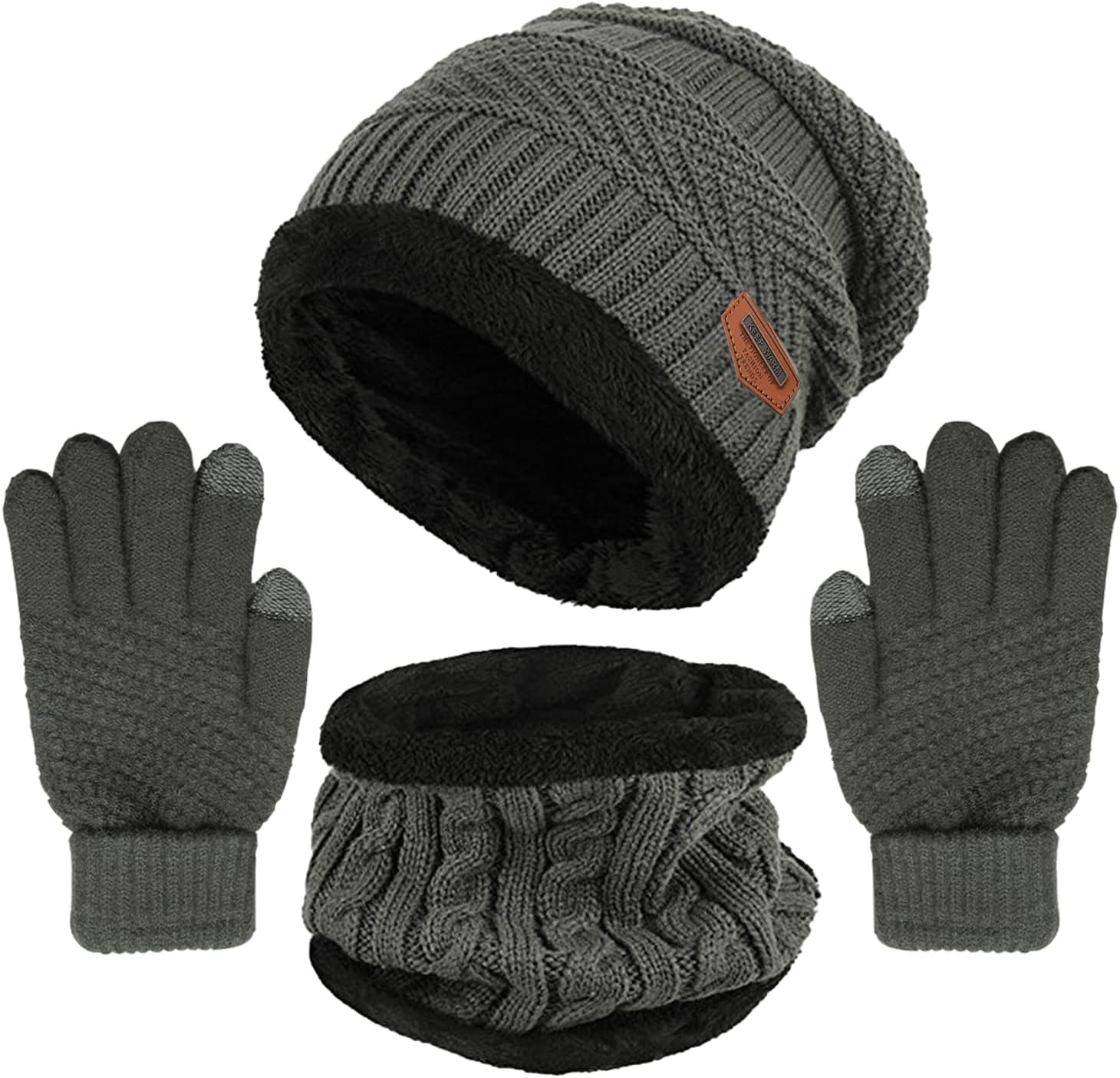 Yoklili Winter Knit Beanie Hat Neck Warmer Gloves Set, Fleece Lined Skull Cap Infinity Scarves Touch Screen Mittens for Men Women