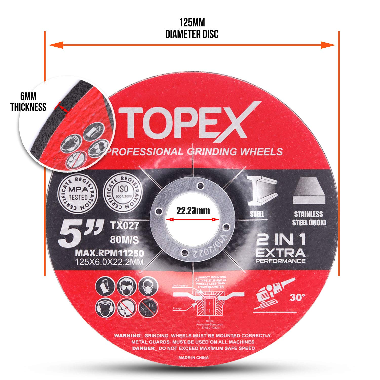 TOPEX 25PCS 125X 6.0 X 22.23Mm Grinding Discs Wheels Steel Inbox Angle Grinder image number 6