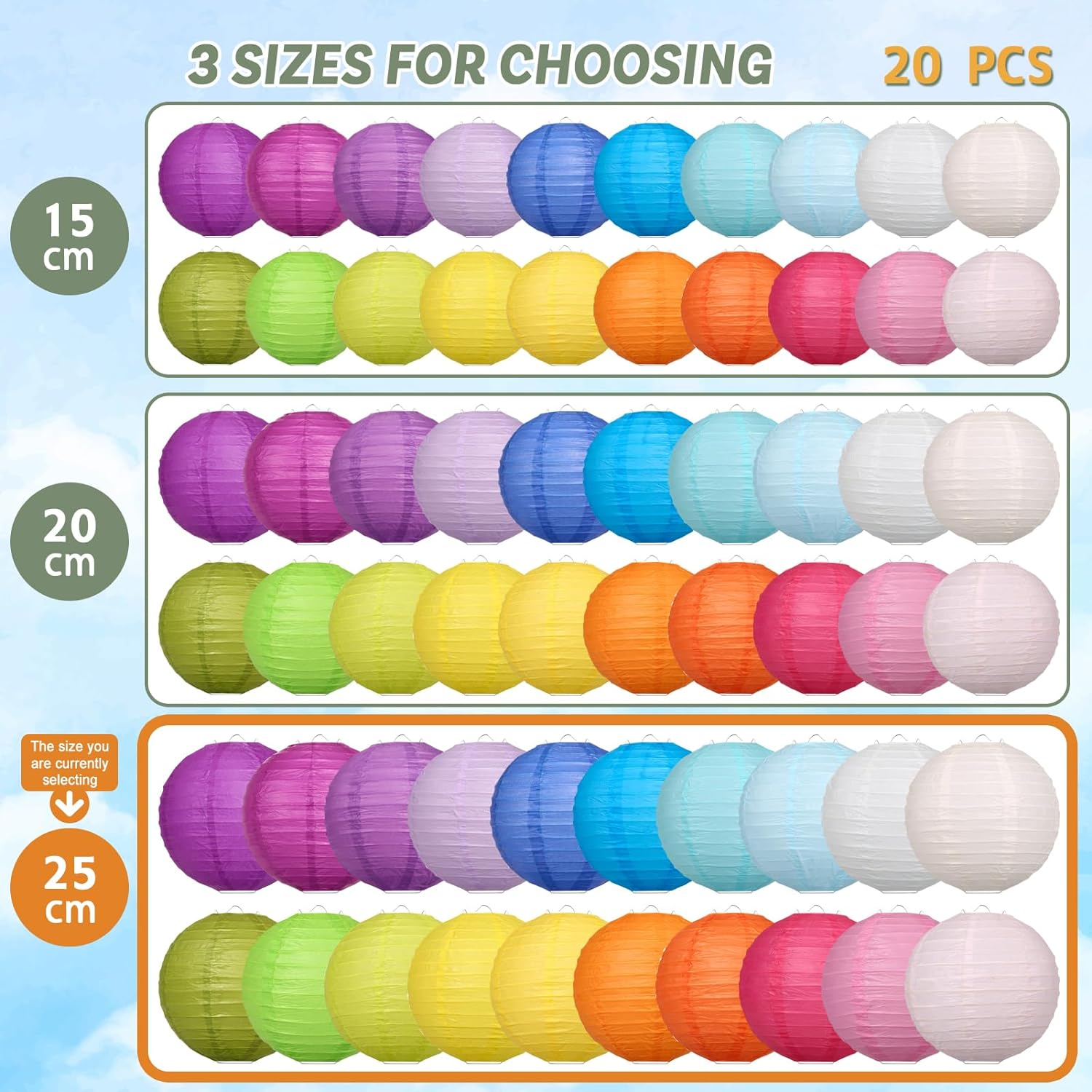 LEMESO 20 PCS Colorful Paper Lanterns 10 Inch / 25 Cm Chinese Lantern Hanging round Paper Lampshade Party Decorations image number 2