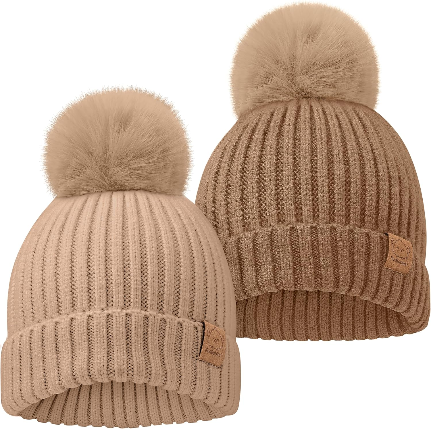 Keababies 2-Pack Baby Hats for Girls, Boys - Stretchy Baby Beanies, Cute Newborn & Toddler Winter Hat, Soft & Warm Pom Pom Beanie for Infant, Toddler, Boys, Girls 0-6 Months (Rust, S)