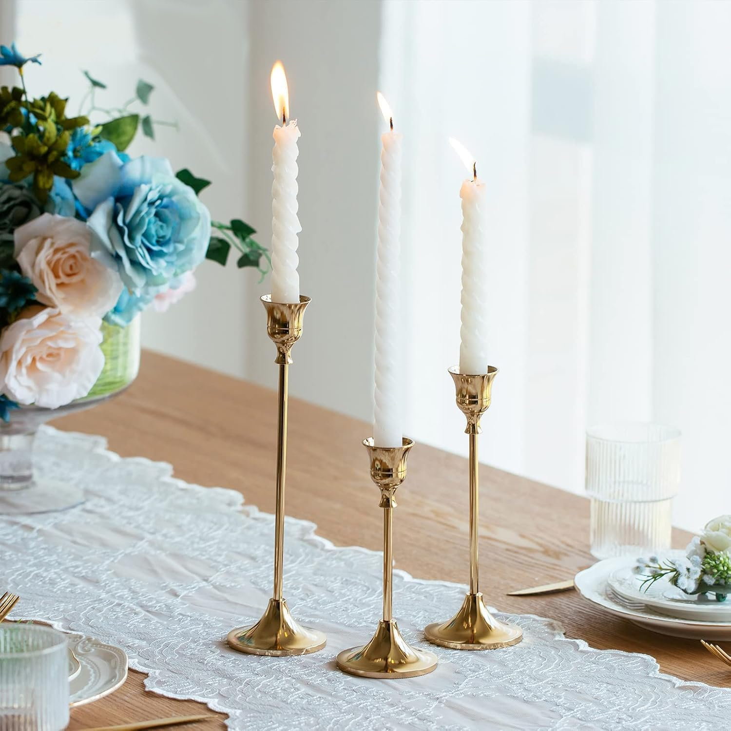 Taper Candle Holders Set,Vintage Modern Decorative Candlestick Holders for Home Decor, Dining, Party, Wedding(Gold,3Pcs) image number 5