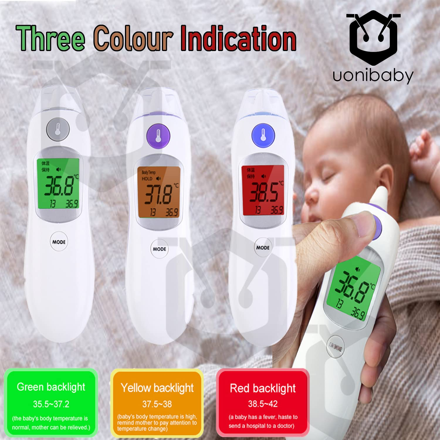 Ear and Forehead Digital Thermometer for Kids and Adults by Uonibaby | Non-Touch Infrared Digital Thermometer with Fast 1 Second Quick Detection and Accurate IR Sensors for Body and Object Temperatures | Fever Alarm and Light Indication with LCD Change Colour to Green, Orange and Red (Includes Batteries and Carry Bag) | Food and Beverages Temperatures Can Be Measured image number 5