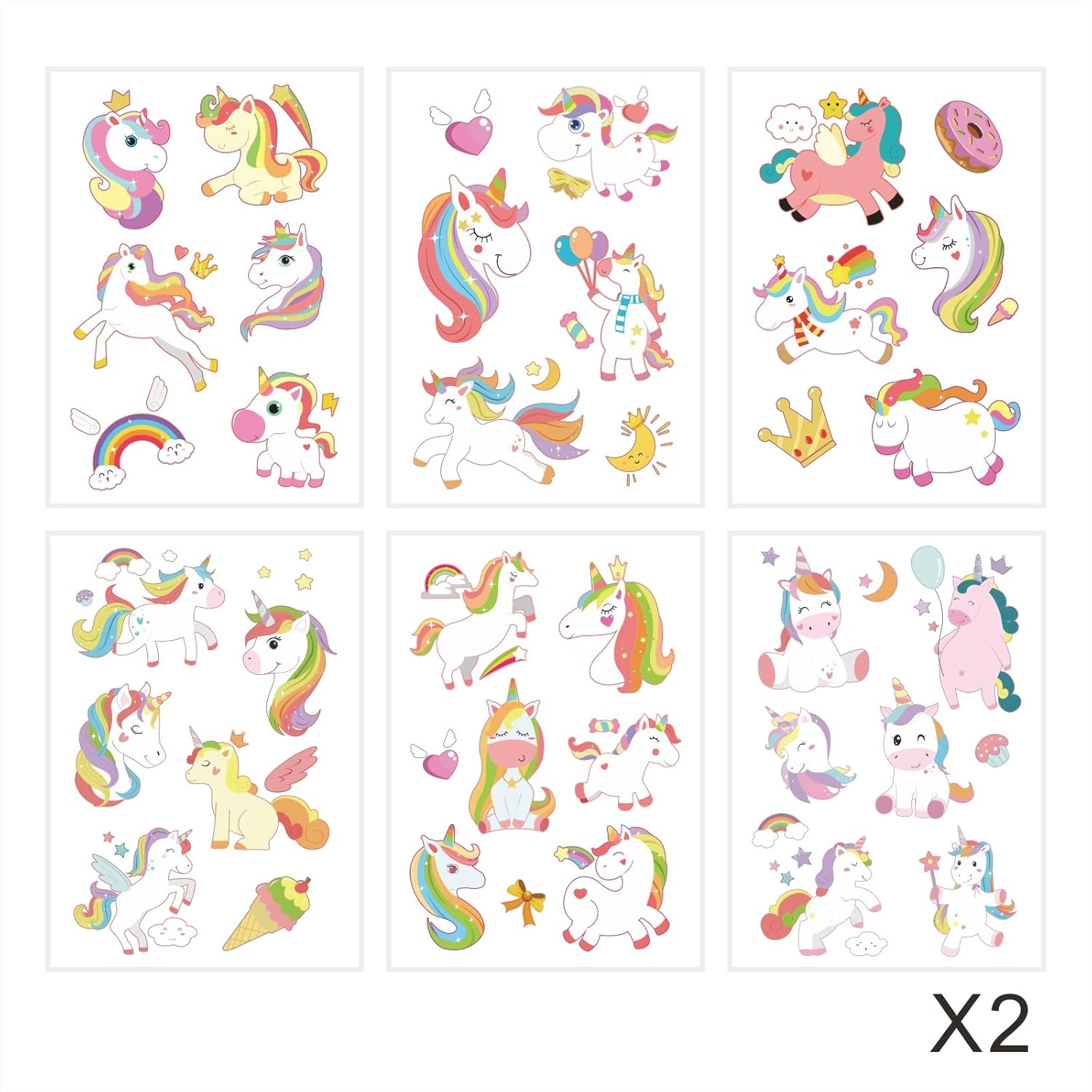 Womaha 12 Sheets Unicorn Temporary Tattoos for Kids Stars Moon Rainbow Balloon Face Tattoos Classroom Activity Performance Props image number 2