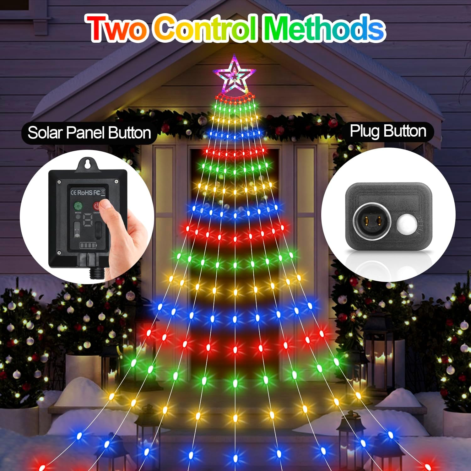 HELESIN Solar Outdoor Christmas Lights, 3.5M 350Leds Christmas Decoration Waterfall String Lights Outdoor, 8 Modes Waterproof Tree Toppers Fairy Light with Timer for Xmas New Year(Multicolor) image number 6