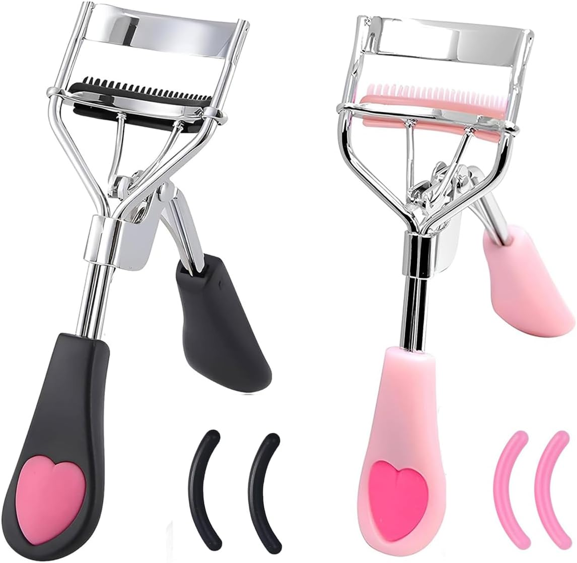 Stainless Steel Eyelash Curler with Built-In Comb Pinch Pain-Free Suitable for Any Eye Shapes and Sizes, with 5 Silicone Refill Pads (Champagne Gold Pink)