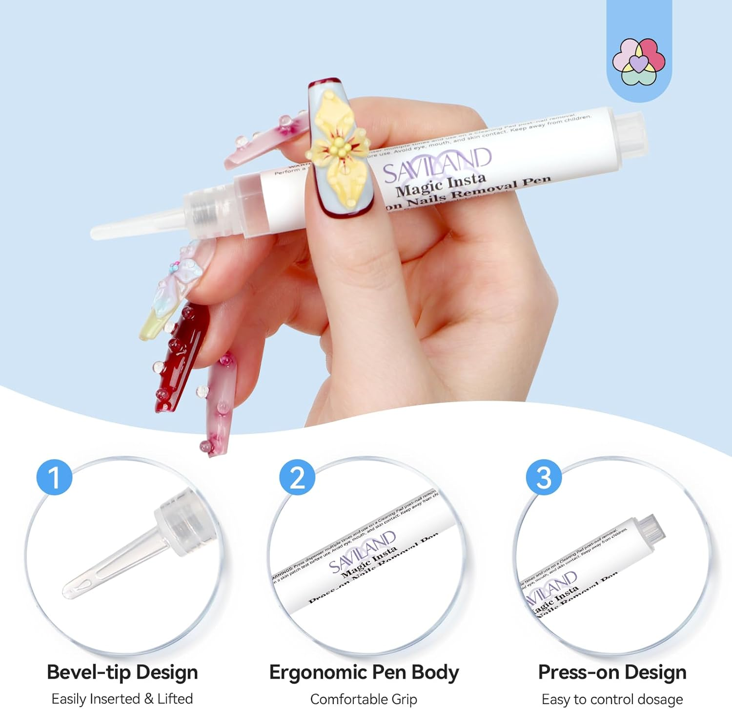 SAVILAND Pro Nail Glue Remover Pen 3 Ml: 10S Quick Removal Gel Remover for Nails with Vitamin E Castor Oil Natural Ingredients Press on Nail Remover for False Nails Solid Glue Gel Removal Home image number 2