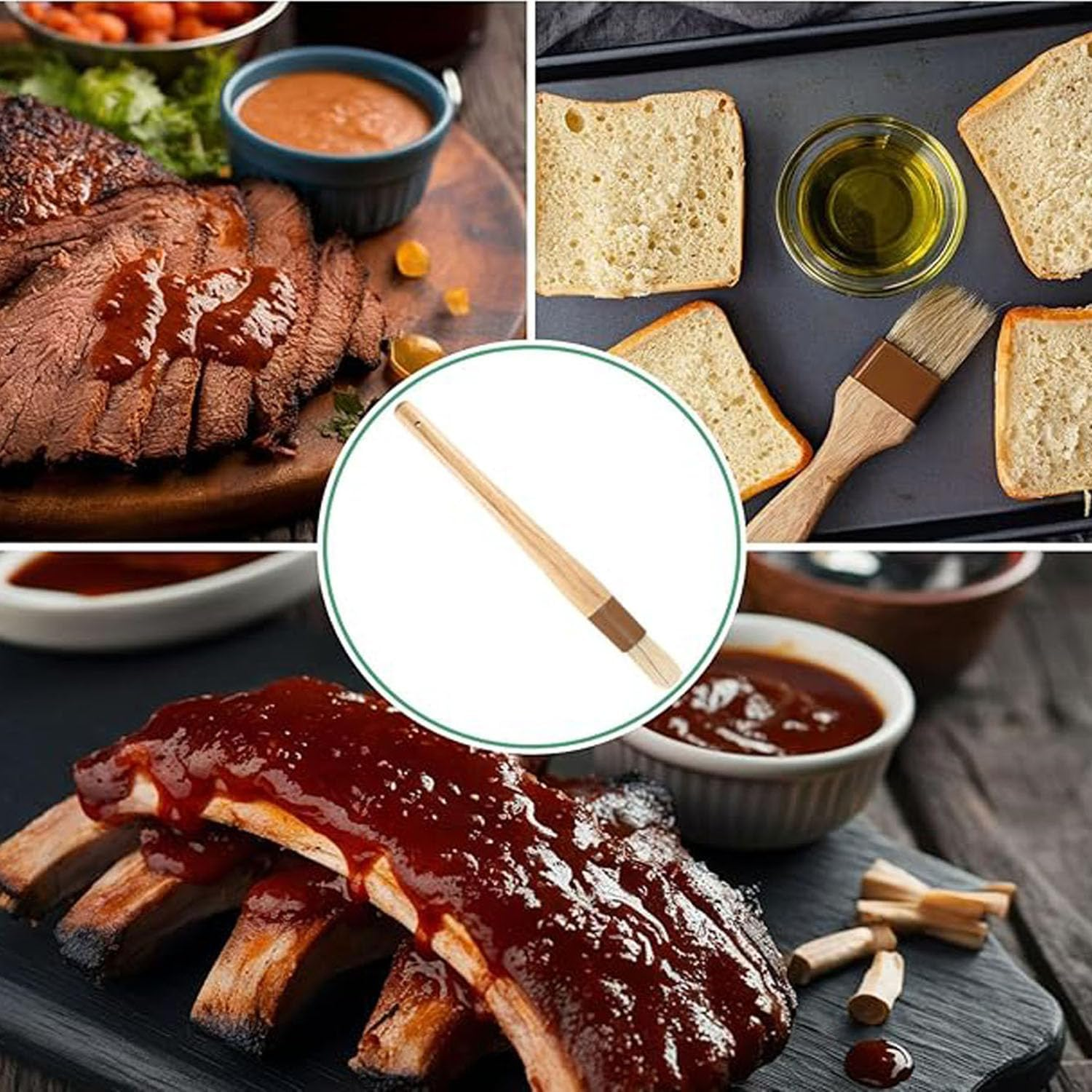 Pack of 2 round Wooden Handled Pastry Brushes, Comfortable Wooden Natural Bristle BBQ Grease Brushes for Cooking/Bbq/Kitchen image number 1