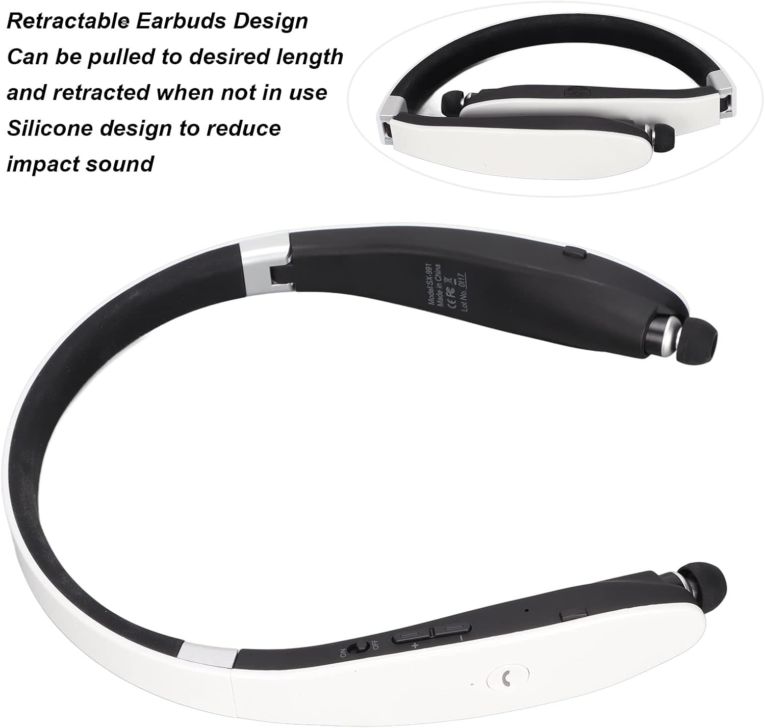 Gearwell Bluetooth Neckband Headphones, Wireless Headset with Mic and Retractable Earbuds, Foldable Bluetooth Earphones with Noise Cancelling Audio, for Hands Free Phone Calls and Music image number 6
