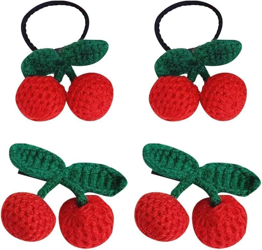 4 Pcs Red Sweet Cherry Hair Clips and Hair Ties Handmade Crochet Fruit Hairpins Hair Barrettes Cute Hair Accessories for Women Girls, Hair Styling Accessories