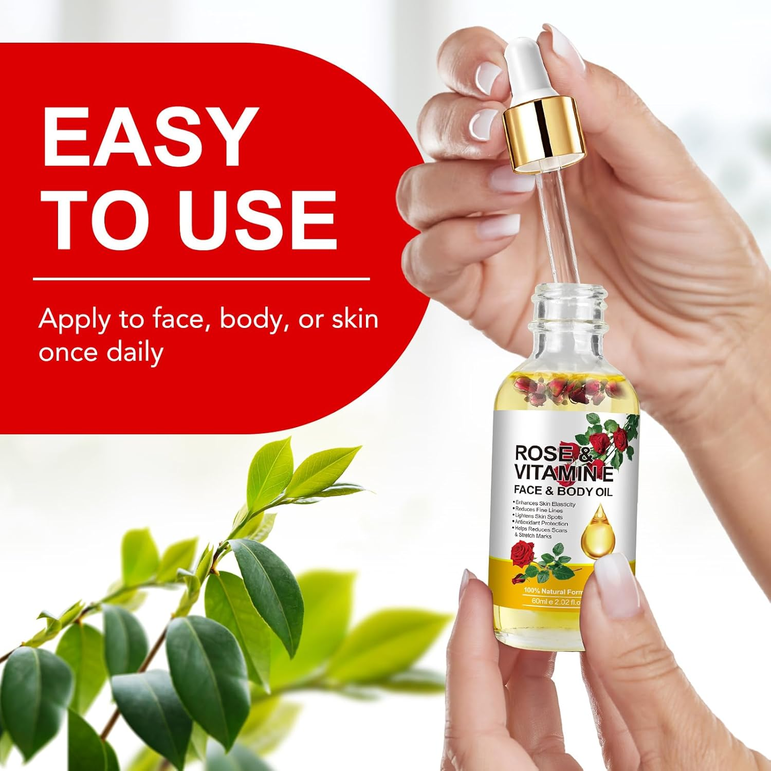 Vitamin E Oil, Rose Vitamin E Face & Body Oil for Skin, Hair, Nails, and Body for Nourishment, Dryness, Diminish Scars and Stretch Marks,2 Fl.Oz