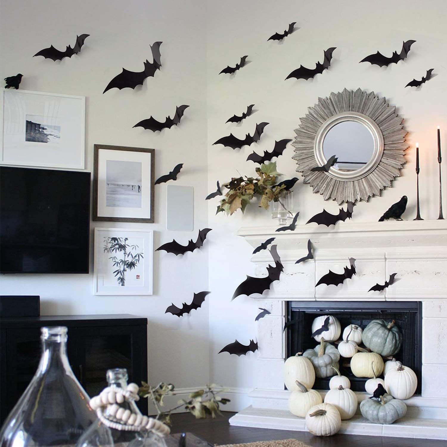 3Tyto Halloween Bat Wall Decals, 56 Pieces 3D Black Decorative Stickers, Party Supplies for Indoor Outdoor Home Decor image number 1