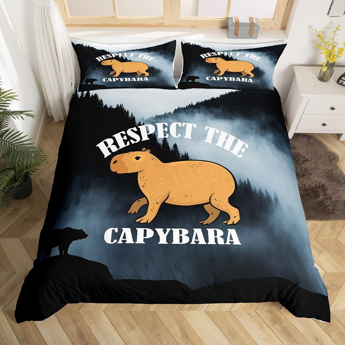 Homewish Children'S Capybaras Duvet Cover 155 X 220 Cm Cartoon 3D Animal Bedding Set Funny Rodent Animal for Teens Girls Boys Galaxy Starry Moon Duvet Cover for Capybara Lovers Home Decor