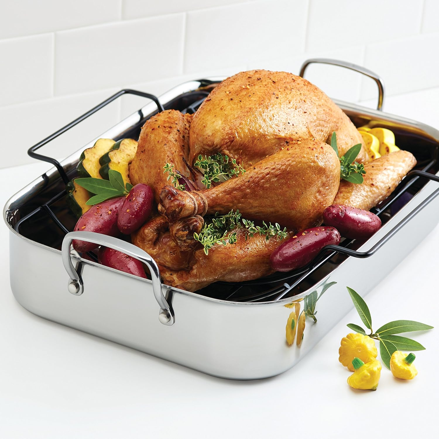 Anolon Tri-Ply Clad Stainless Steel 17-Inch by 12-1/2-Inch Large Rectangular Roaster with Nonstick Rack