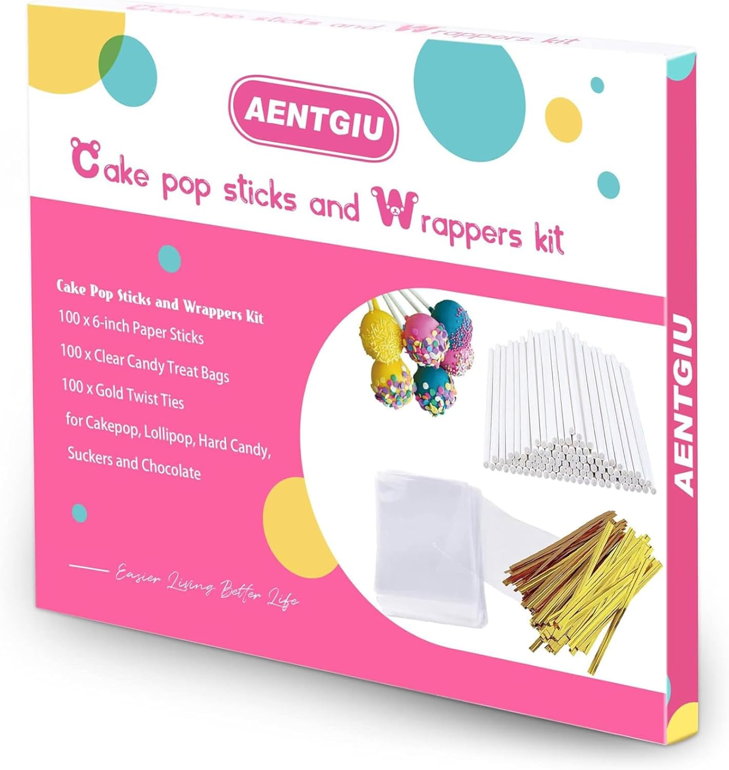RIKONDA 300-Piece Cake Pop Kit &ndash; 15Cm Paper Sticks, 10X15.5Cm Treat Bags & Gold Twist Ties for Candy, Chocolate, Party Favors