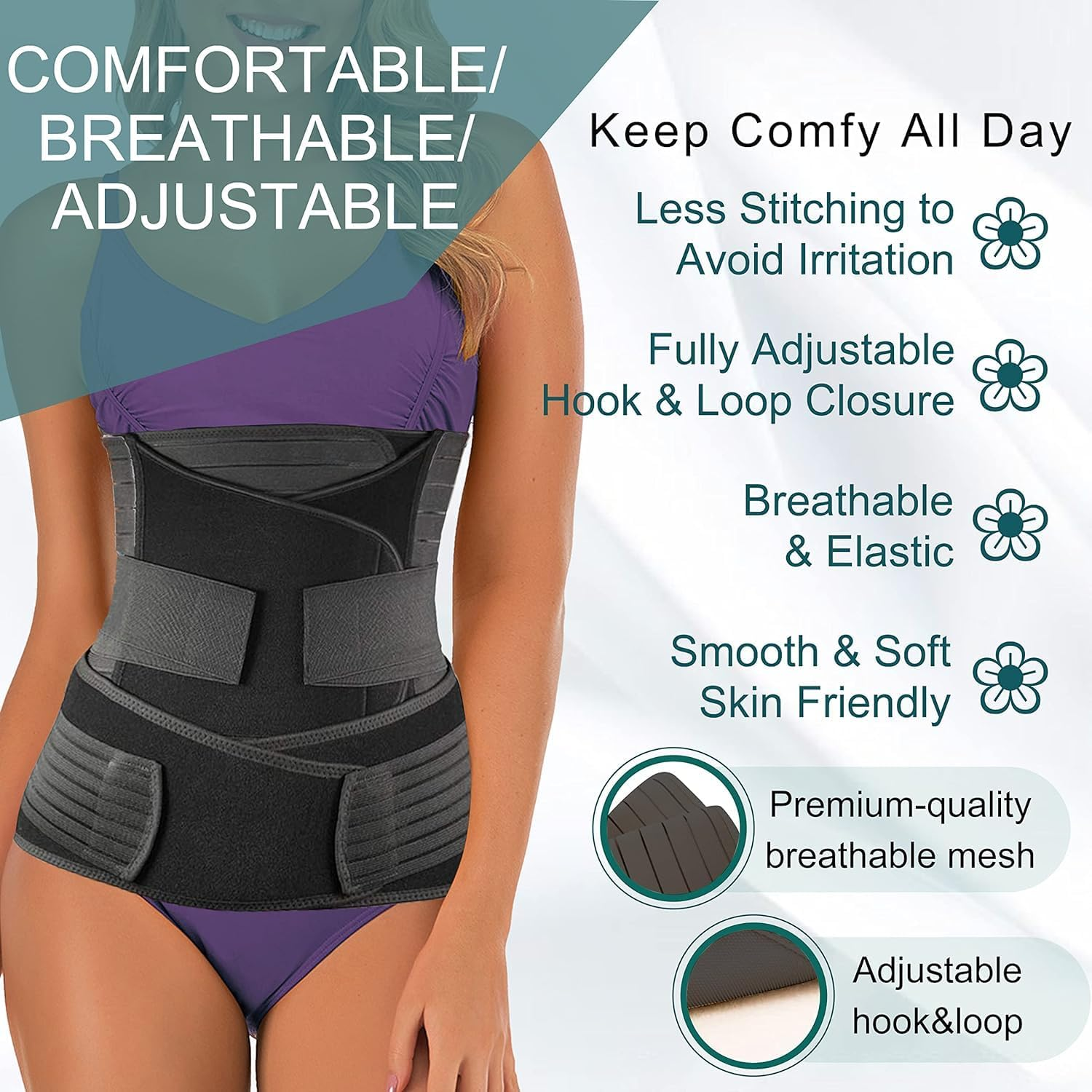 3 in 1 Postpartum Belly Band Post Section Support Recovery Wrap Postparto Abdominal Binder Girdles for after Giving Birth Plastic Belly Waistband (Black, L) image number 4