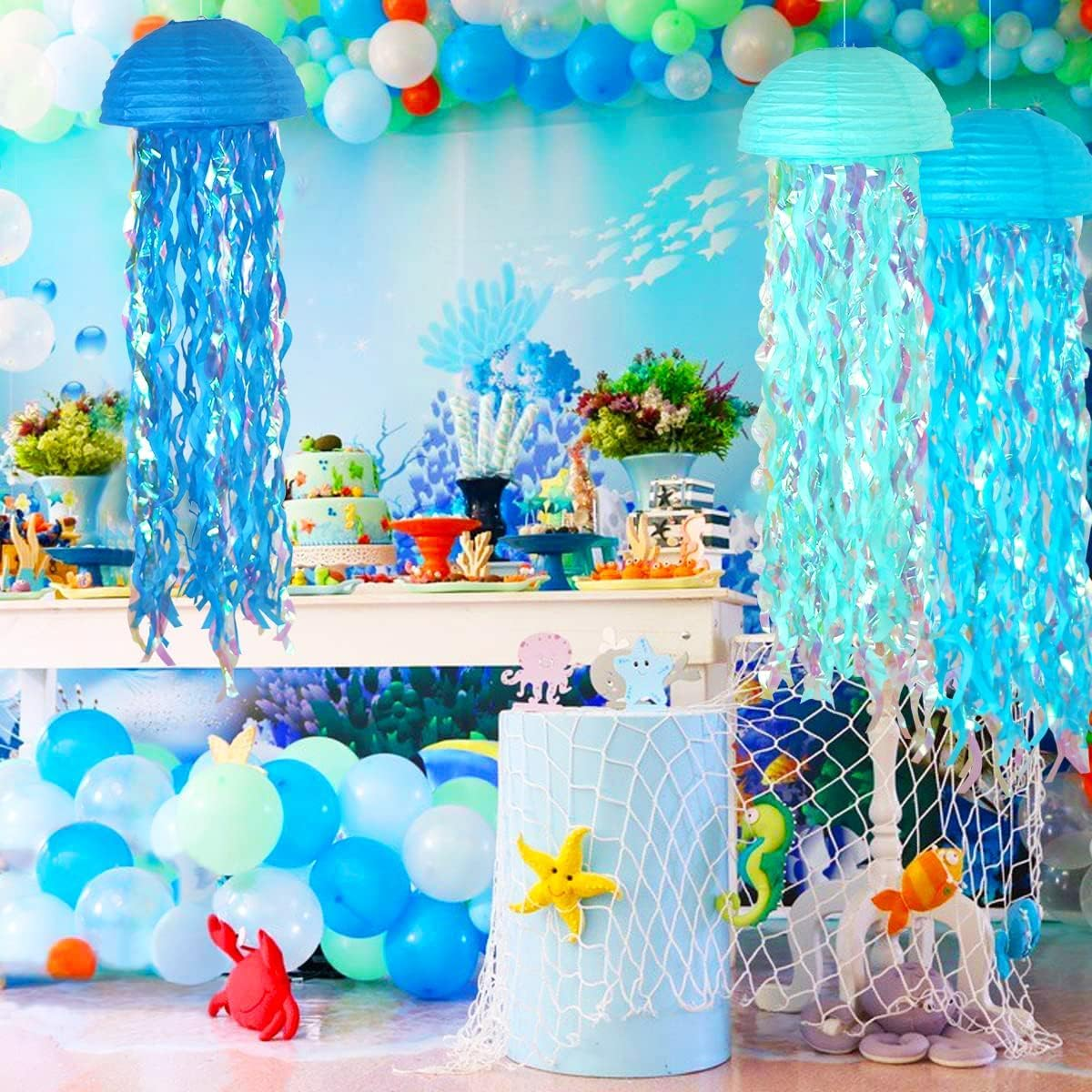 Blue Hanging Jelly Fish Paper Lanterns, Gradient Colorful Paper Lanterns for Mermaid Theme Party under the Sea Ocean Birthday Decorations Baby Shower Baby Room image number 1