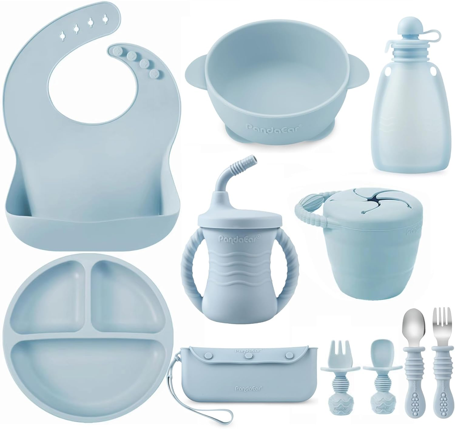 Pandaear Silicone Feeding Set | 11PCS Led Weaning Supplies Self Feeding Utensils | Divided Suction Plate Bowl Bibs Sippy Cup with Food Pouch Snack Container Spoons Forks, Blue image number 2
