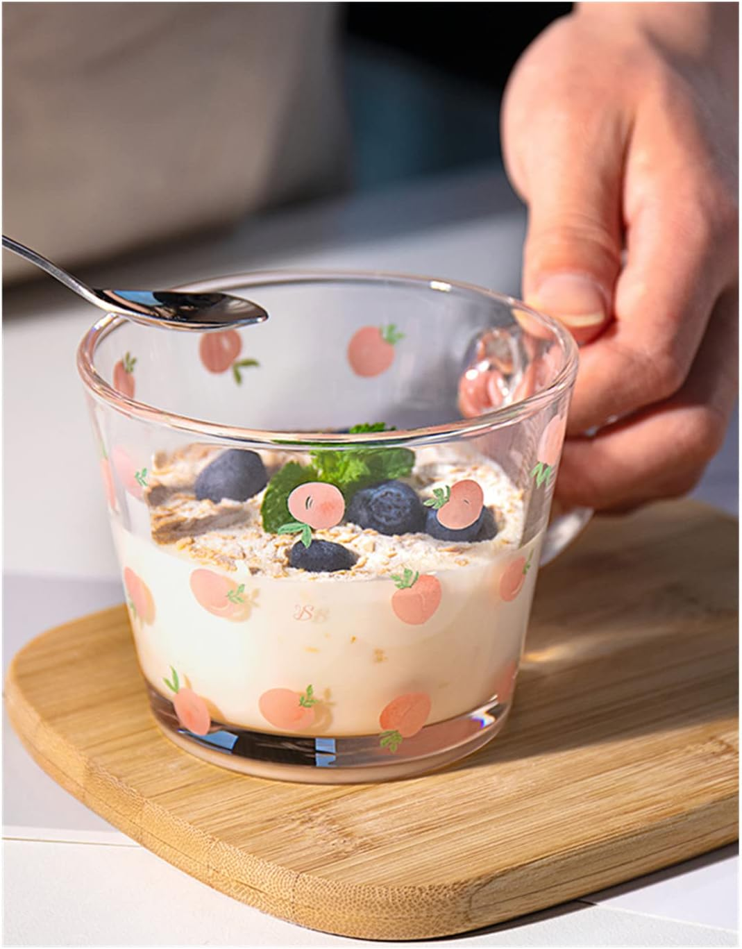 12 OZ Kawaii Mug Peach Glass Cup with Measurements,Glass Coffee Mug Cup with Handle for Coffee,Latte,Juice,Milk,Yogurt,Dessert,Tea,Breakfast Oatmeal Cup - Blue 1 image number 6