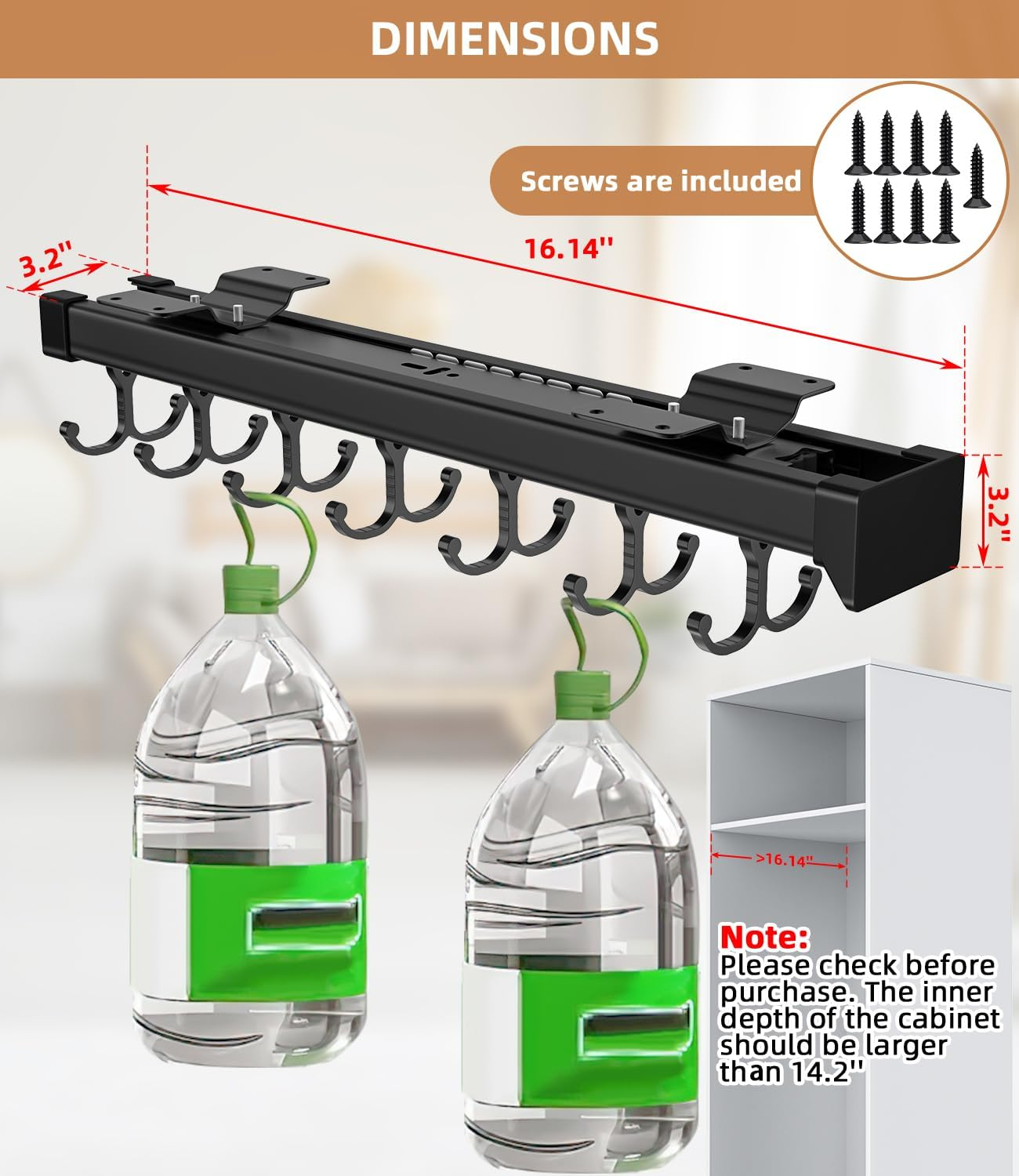 Primzooty Pull Out Broom Holder with Adjustable Double Row Sliding Hook, Multifunctional Slide Broom and Mop Storage/Organizer Garage Organization Hooks, for Closet Laundry - 41Cm/16.14Inch