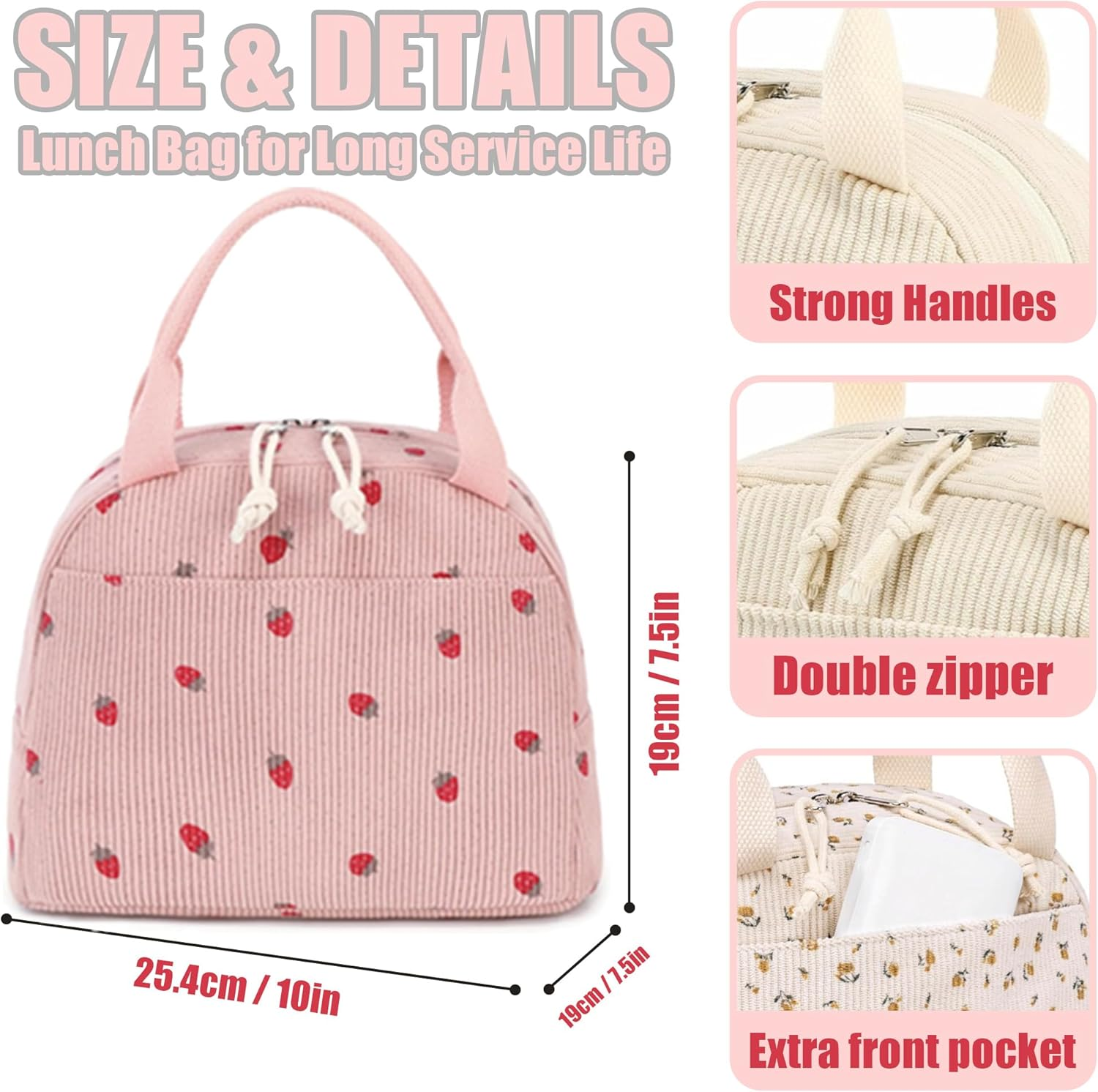 Insulated Lunch Bag for Kids - Adults, Reusable Corduroy Lunch Box Tote Bags, Leakproof Cooler Bag for Work Office Picnic School Travel BBQ image number 3