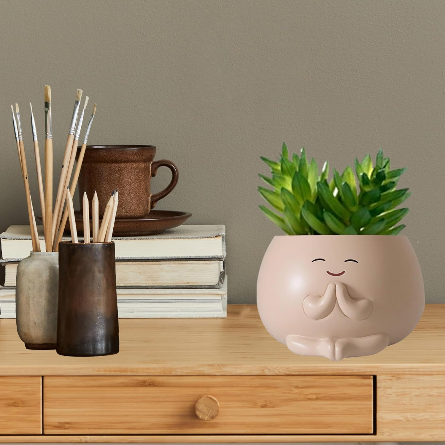 2Pcs Smiley Face Planter Pot, FHDUSRYO Cute Resin Flower Head Planters for Indoor Outdoor, Unique Sit Succulent Pots with Drainage Hole for Mothers Day, Teacher, Plant Lovers (Smily, 10.5X6.5Cm) image number 1