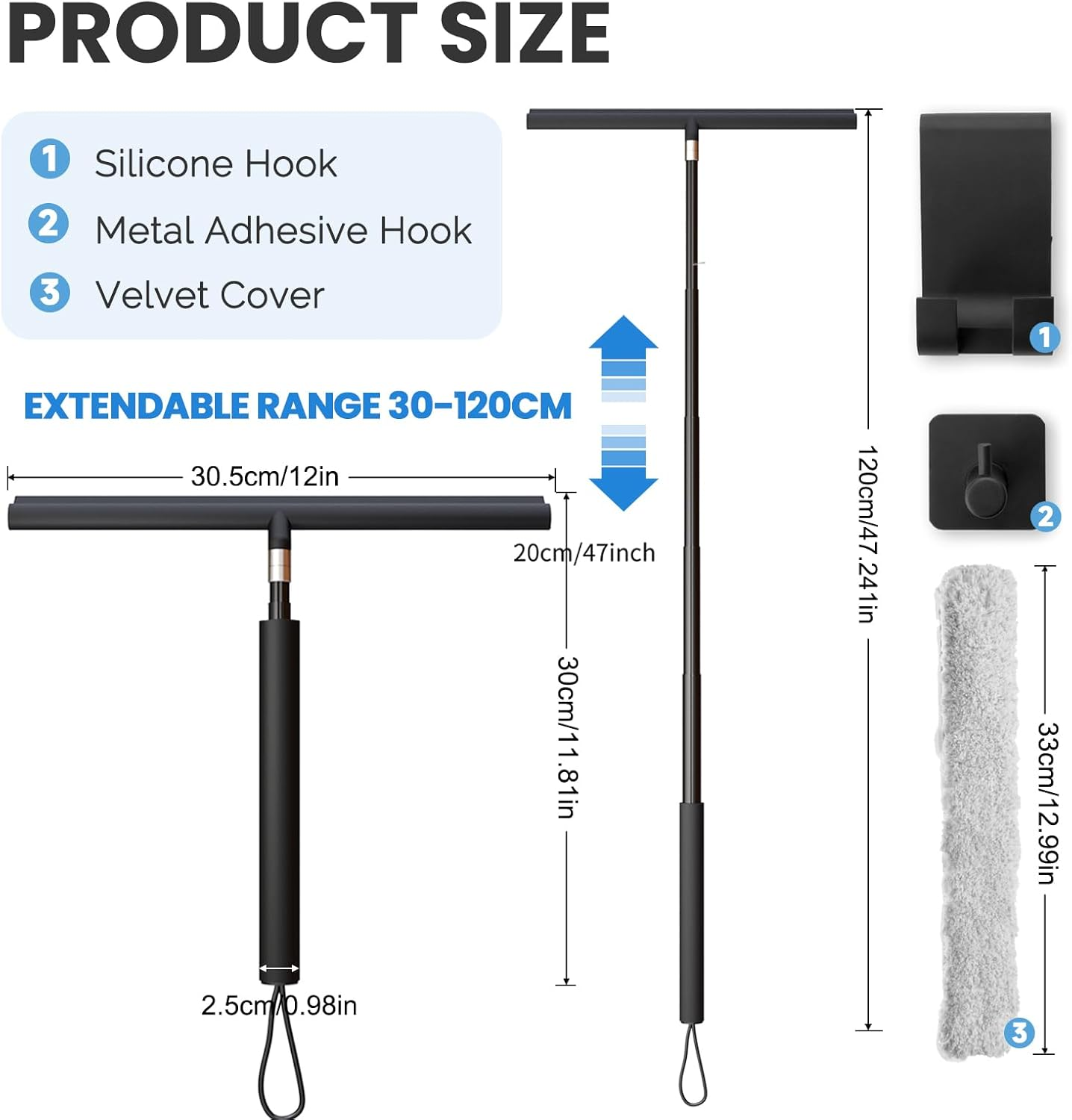 Shower Squeegee Long Handle, Window Wiper and Window Squeegee 2 in 1, Squeegee Shower Floor, 120 Cm Telescopic Rod, Water Pusher, Floor Squeegee, Window Cleaning Set, Glass Wiper for Shower (Black) image number 3