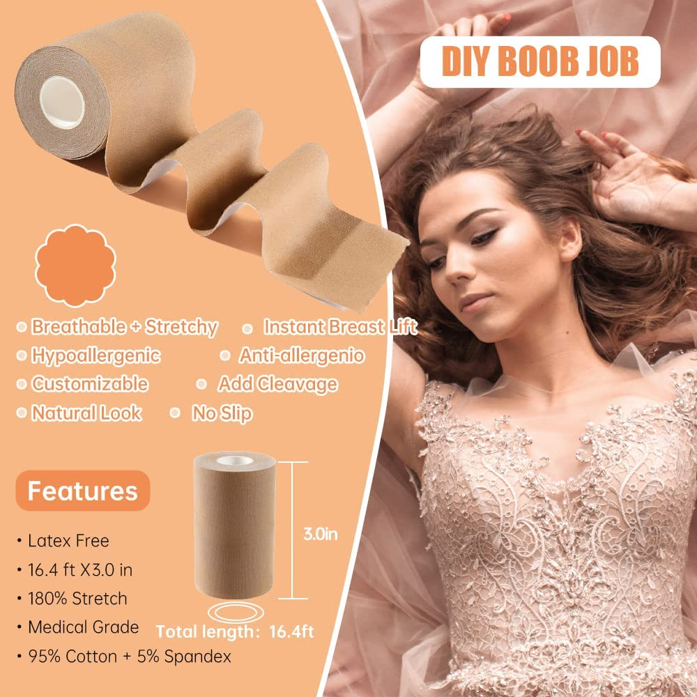Boob Tape Nude plus for D Cup up Size, for Large Size DIY Boob Lift Job, Body Tape, Breast Lift Tape,Bra Tape,Foot Tape,Fabric Tape Medical Grade and Waterproof. Kim K'S Trick. image number 3